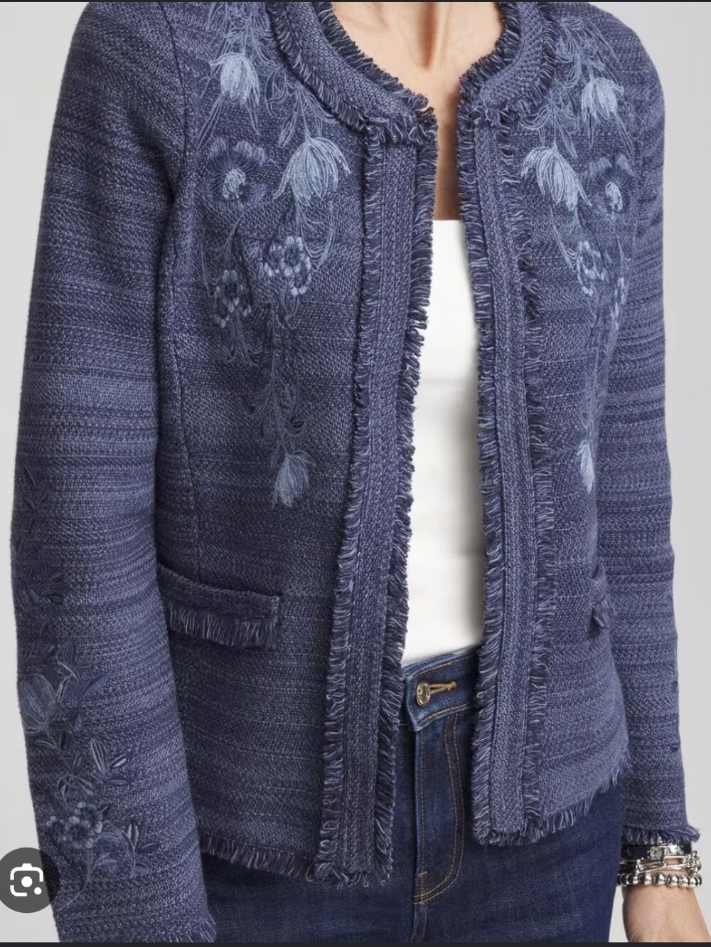 Chico's Navy Floral Embroidered Denim Open-Front Cardigan-Size:1